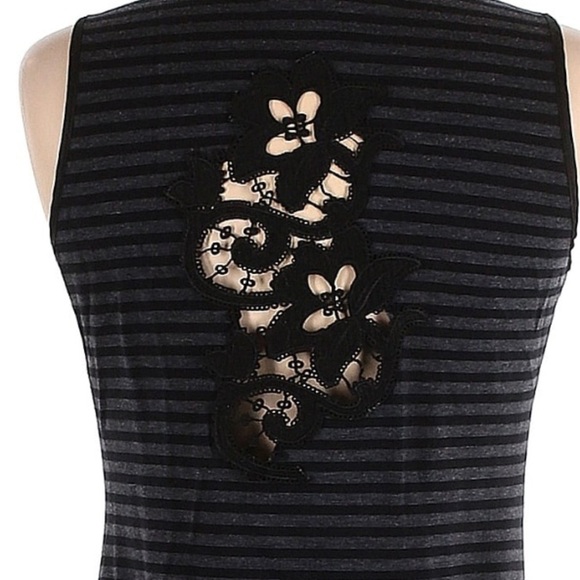 BCBGMaxAzria Black Grey Stripe Laser Cut Out Sleeveless Sheath Dress Size Small - Picture 6 of 6